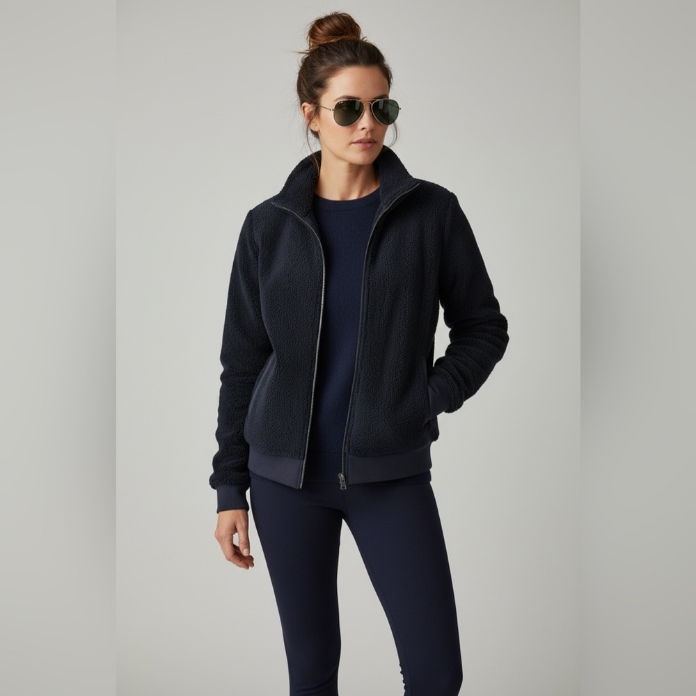 Banana Republic Medium Navy Fuzzy Fleece Zip Up Jacket Women's - Picture 2 of 10